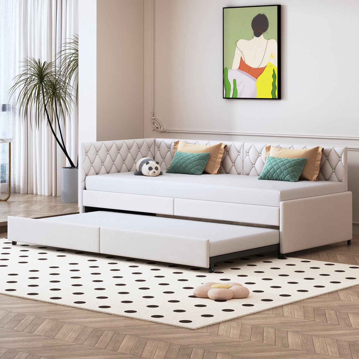 Dagbed 90/180x200cm Uittrekbare slaapbank Gestoffeerd bed Logeerbed voor woonkamer appartement, fluweel, beige, zonder matras