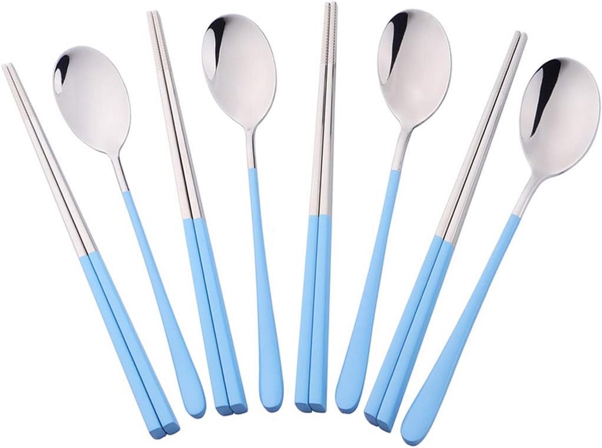 Sets eetstokjes en lepels voor 4 personen, Blauw, 4 sets