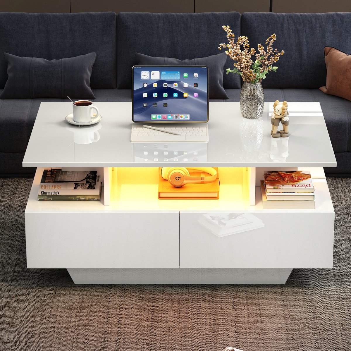 VVBV Hoogglans Salontafel met opbergruimte en LED Verlichting - Stijlvolle bijzettafel met 2 lades - 90x55x41 cm - Koffietafel voor woonkamer - Wit