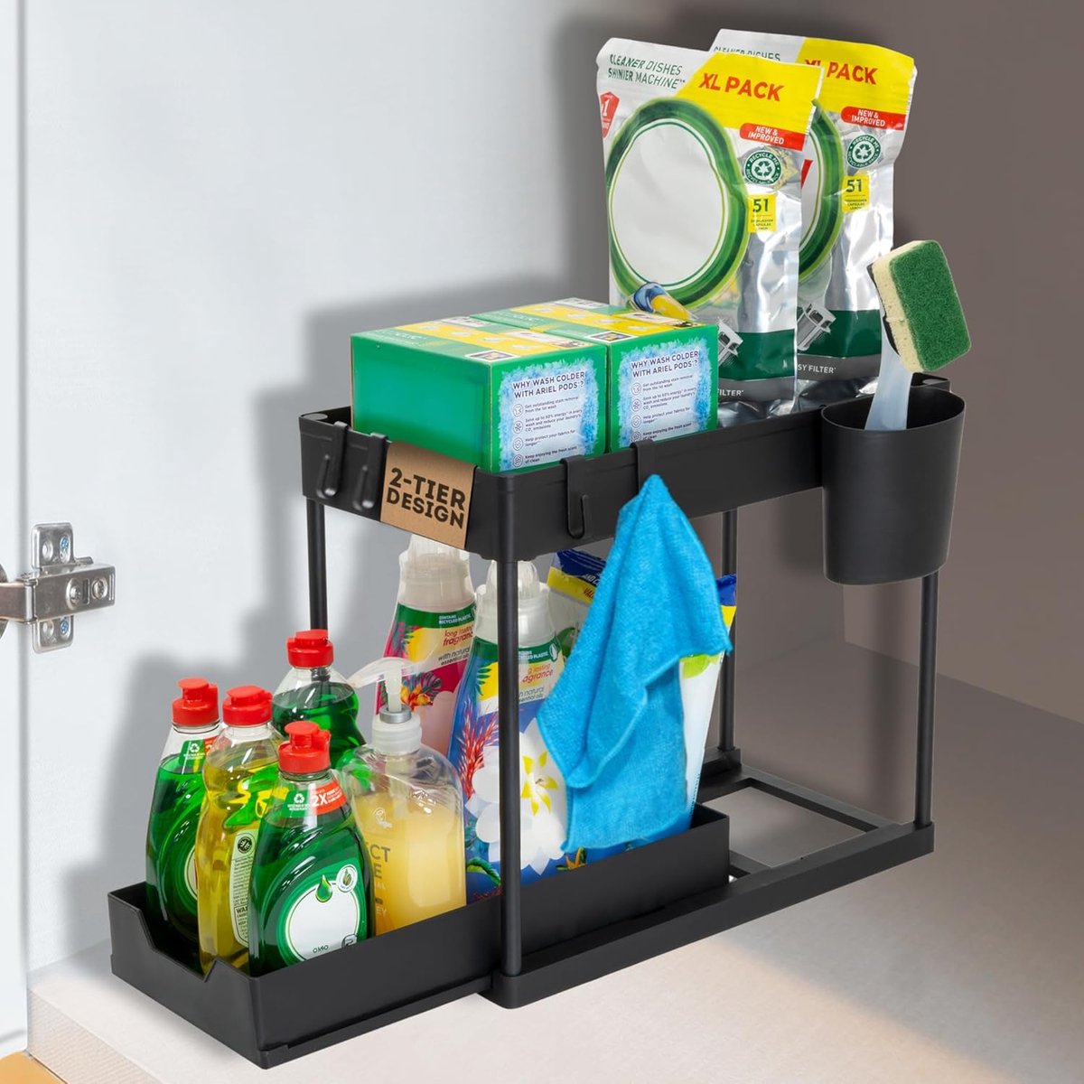 Famanu – Opbergorganizer voor onder de gootsteen met 2 niveaus - duurzame uitschuifbare kastorganizer met gemakkelijk toegankelijke laden - multifunctionele organizer voor onder de gootsteen voor