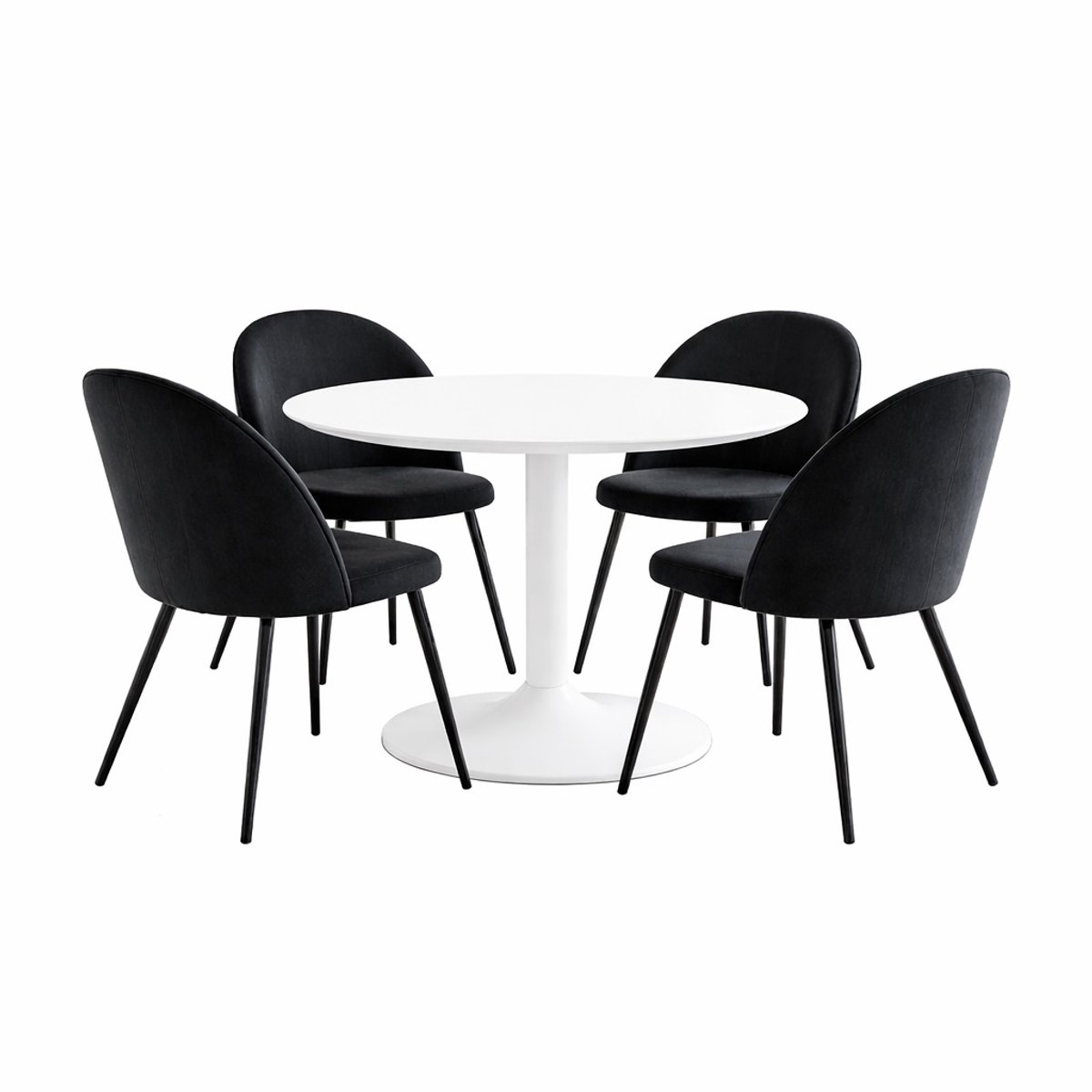 Carry eethoek tafel Ø110cm, 4 stoelen velours zwart.