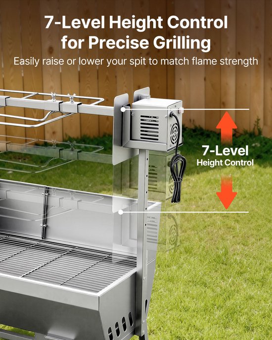 Rotisseriegrill met elektromotor, 38 W BBQ-spitrooster voor buiten koken, houtskoolgrill met een capaciteit van 132 lbs, verstelbare hoogteniveaus, roestvrijstalen ontwerp met wielen voor kamperen en buitengebruik van Merkloos — afbeelding 5