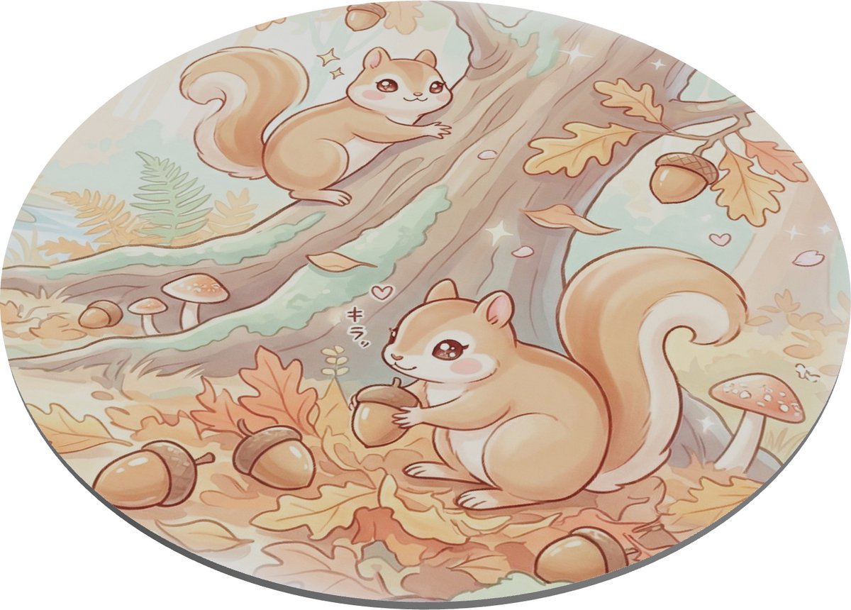 Ronde Muismat Eekhoorn Herfst Kawaii Stijl – Bos Dieren Illustratie – Mousepad met Eikeltjes en Bladeren – Schattig Cadeau voor haar: Vriendin & Collega – Bureau Accessoire Natuur – Ronde Mousepad Bruin Oranje Pastel
