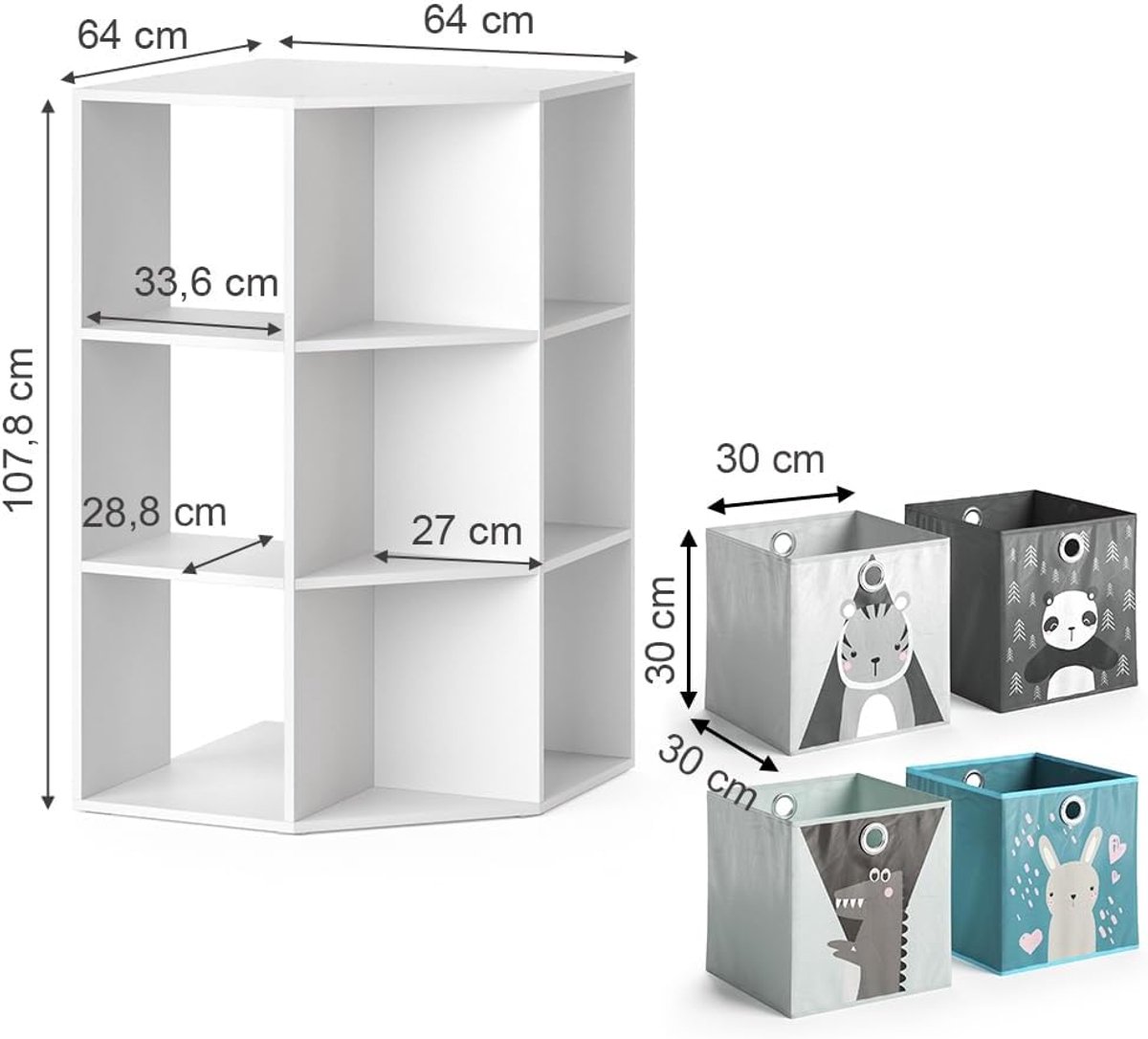 Kinderboekenkast – Casa Velluto Mini Organizer "Luna" 64x108 cm – Witte Kinderboekenkast met 4 Opbergvakken en Vouwboxen – Speelgoedrek en Opbergoplossing voor Kinderkamer