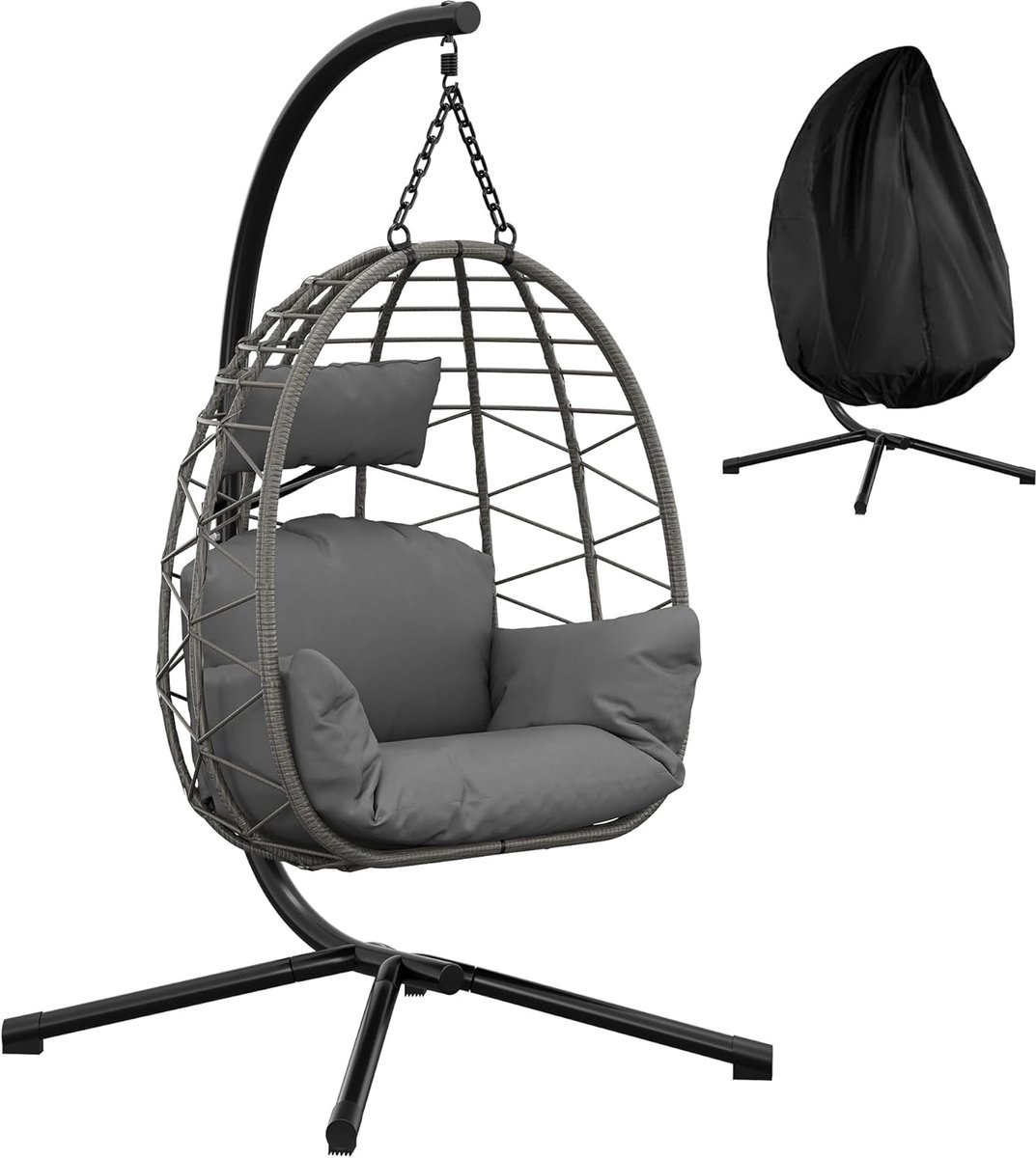 Hangstoel met Standaard - Rotan - 150 kg Draagvermogen - Binnen & Buiten - Met Beschermhoes - Grijs