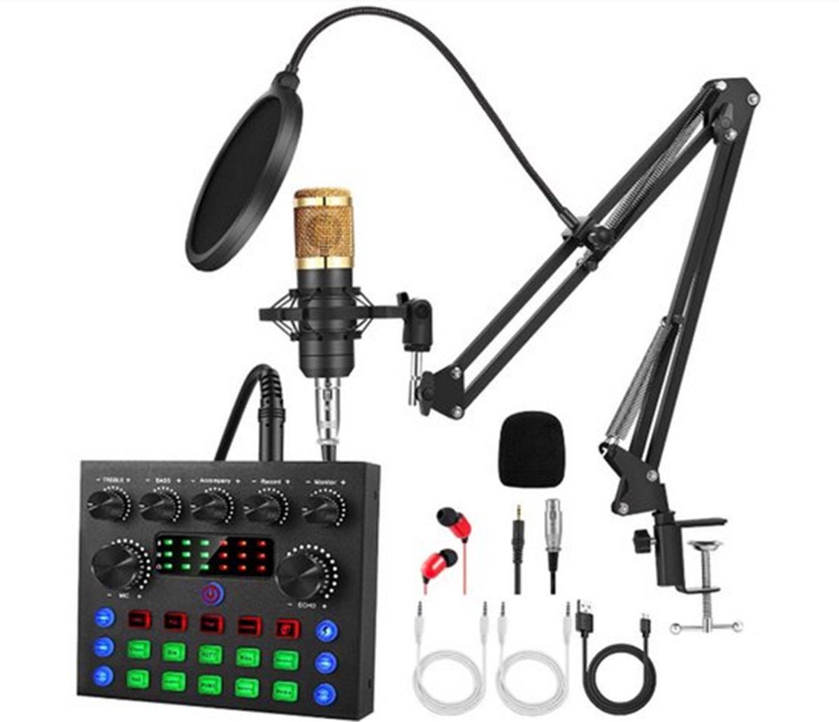 Podcastapparatuur Bundle-Audio-interface met stemwisselaar en BM800 condensatormicrofoon-Audiomixer Perfect voor Opnemen, Uitzenden, Live Streaming, YouTube, TikTok-DJ Mixer-met Boom Arm