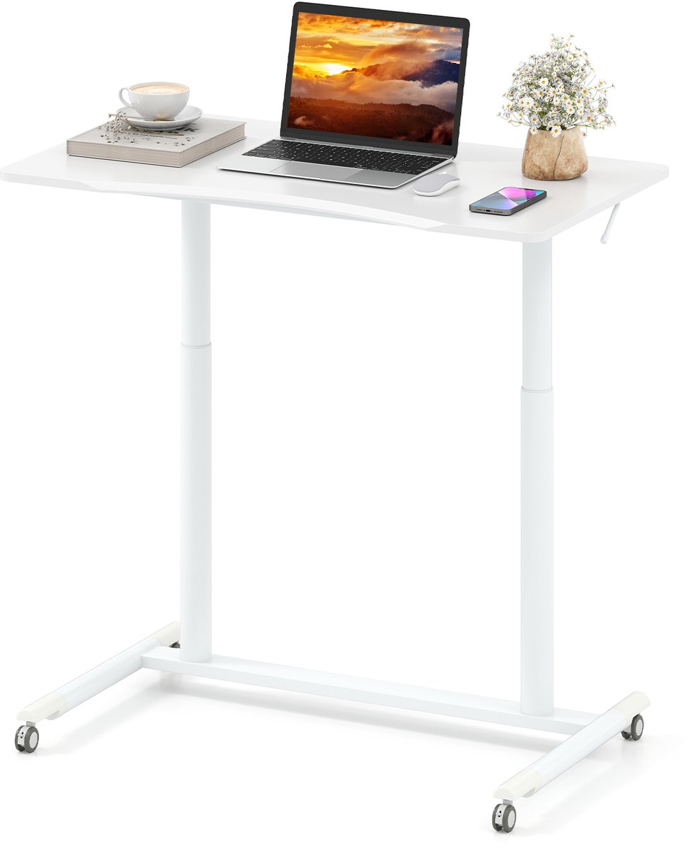 COSTWAY Schreibtsich C-vormig met wieltjes, 70-106 cm in hoogte verstelbaar, kleine computertafel met metalen frame, mobiel staand bureau, laptoptafel, sta-zitbureau voor thuis, kantoor, wit