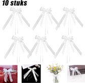 10 stuks Bruiloft Decoratie Strik met Hartjes - Hartjes Tule Strik - Strikken bruiloft auto wit met harten - Cadeauverpakkings Strik met Hartjes op Tule - Stuks Witte Organza Strikken met Hartjes voor Bruiloft Auto Decoratie