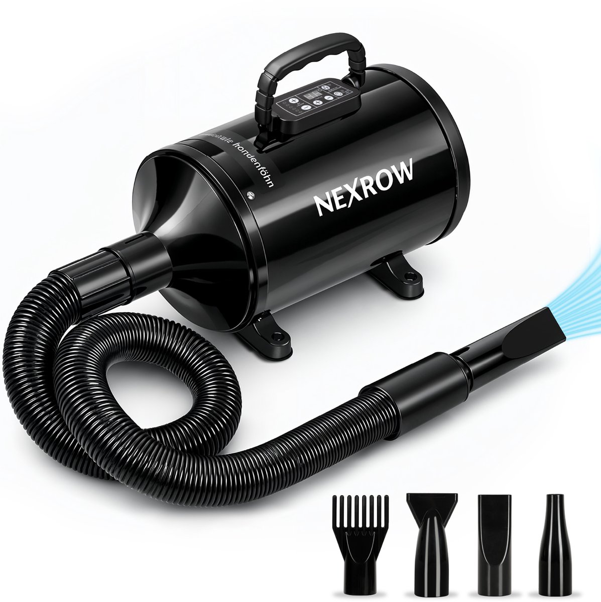 NEXROW® Professionele Hondenföhn 3800W – Waterblazer voor Honden met LCD Display – Stil Design met Negatieve Ionen Functie – 4 Opzetstukken – Zwart