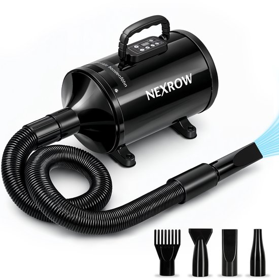 NEXROW® Professionele Hondenföhn 3800W – Waterblazer voor Honden met LCD Display – Stil Design met Negatieve Ionen Functie – 4 Opzetstukken – Zwart