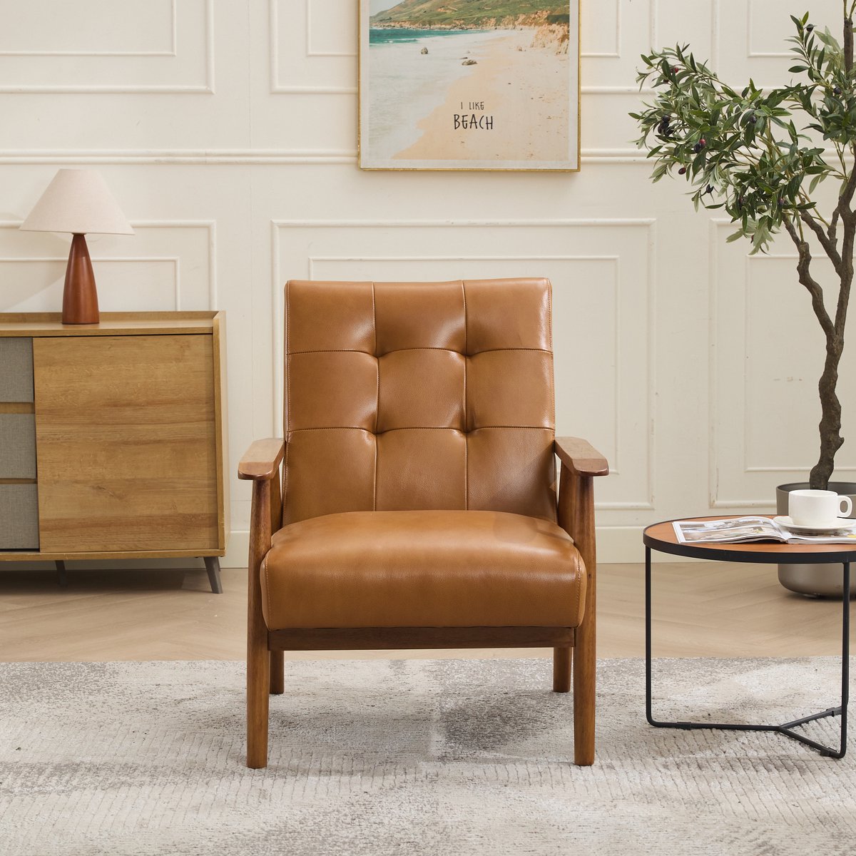 HAUSS SPOLE Loungestoel - Comfort Fauteuil Met Pull Point Stiksel - Voor Woonkamer Slaapkamer En Thuiskantoor - Leer En Hout - Lichtbruin