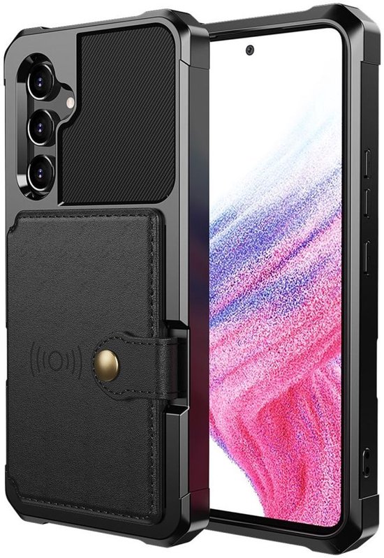 Zwart telefoonhoesje met portemonnee, pasjeshouder en magneet symbool.
