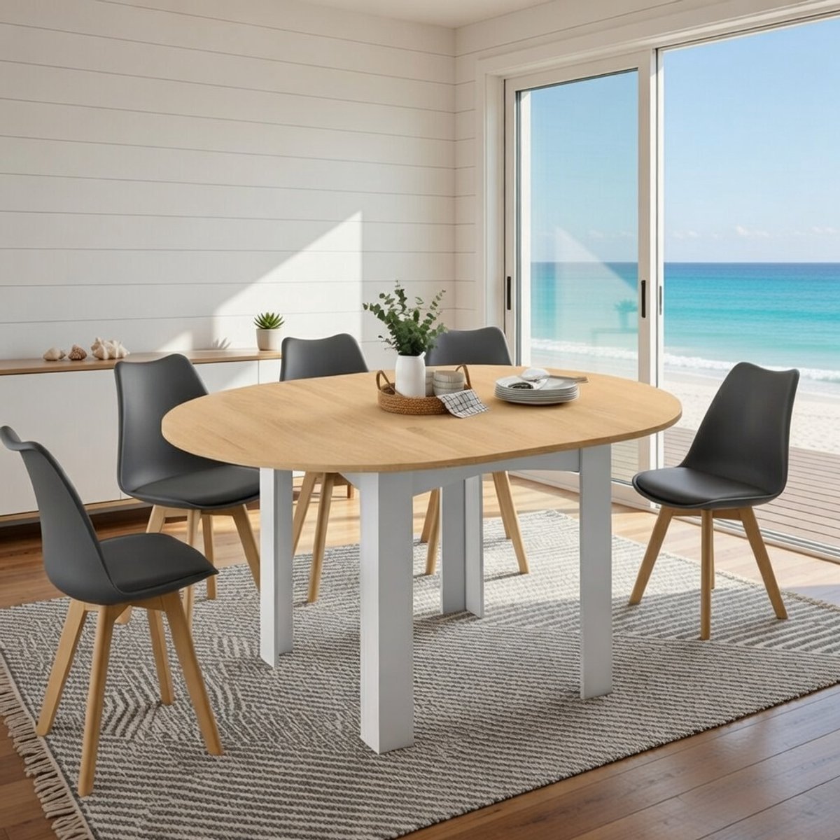 Uitbreidbare Ronde Eettafel DONA - 4 tot 8 personen - Blank Houten Tafelblad in Facon Hêtre - Verstelbaar 120-160 cm - Stevig Samengesteld Hout - Modern design Eettafel voor Woonkamer en Keuken Casa Serena