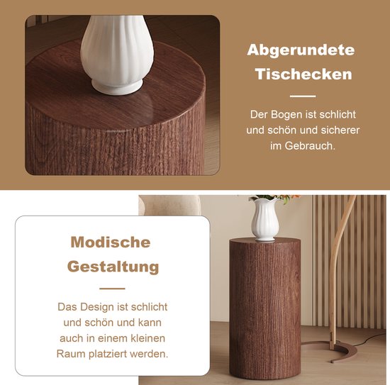 Walnoothouten bijzettafel met afgeronde randen, met "Modische Gestaltung" en "Abgerundete Tischecken".