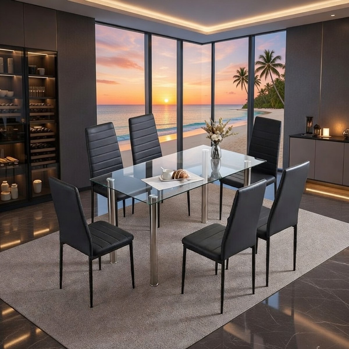 Moderne Eetkamerstoelen Set van 6 met Hoge Rugleuning – Waterdichte PU Bekleding, Comfortabele Zitting, Stevig Metalen Frame tot 120 kg – Zwarte Design Stoelen voor Eetkamer & Keuken – NoviHome