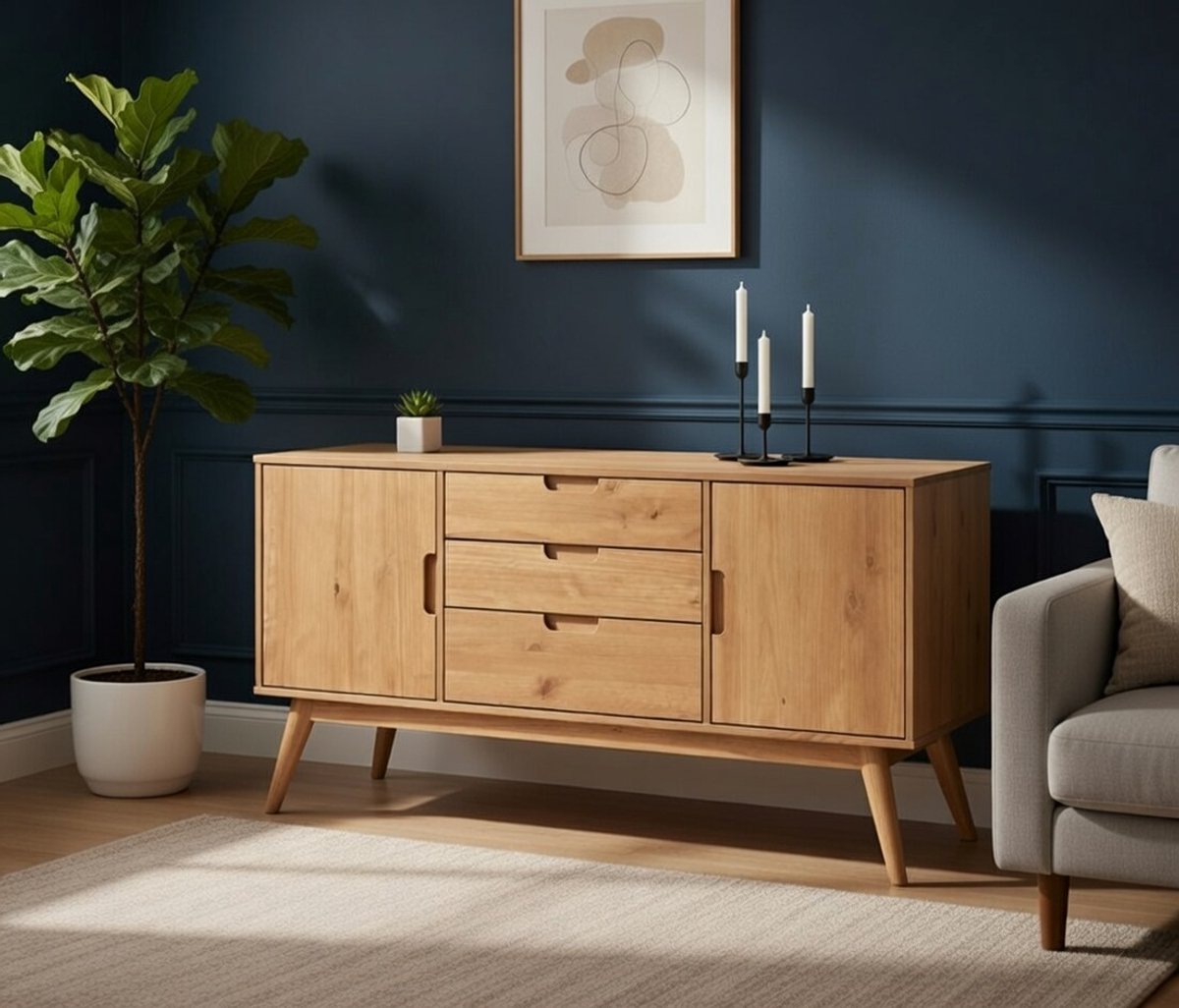 Tivoli Dressoir – Scandinavisch Design Massief Grenenhout – 2 Deuren & 3 Laden – Buffetkast, Servieskast, Woonkamer- en Eetkamermeubel – Bruin Gebeitst, Compact & Stijlvol Novihome