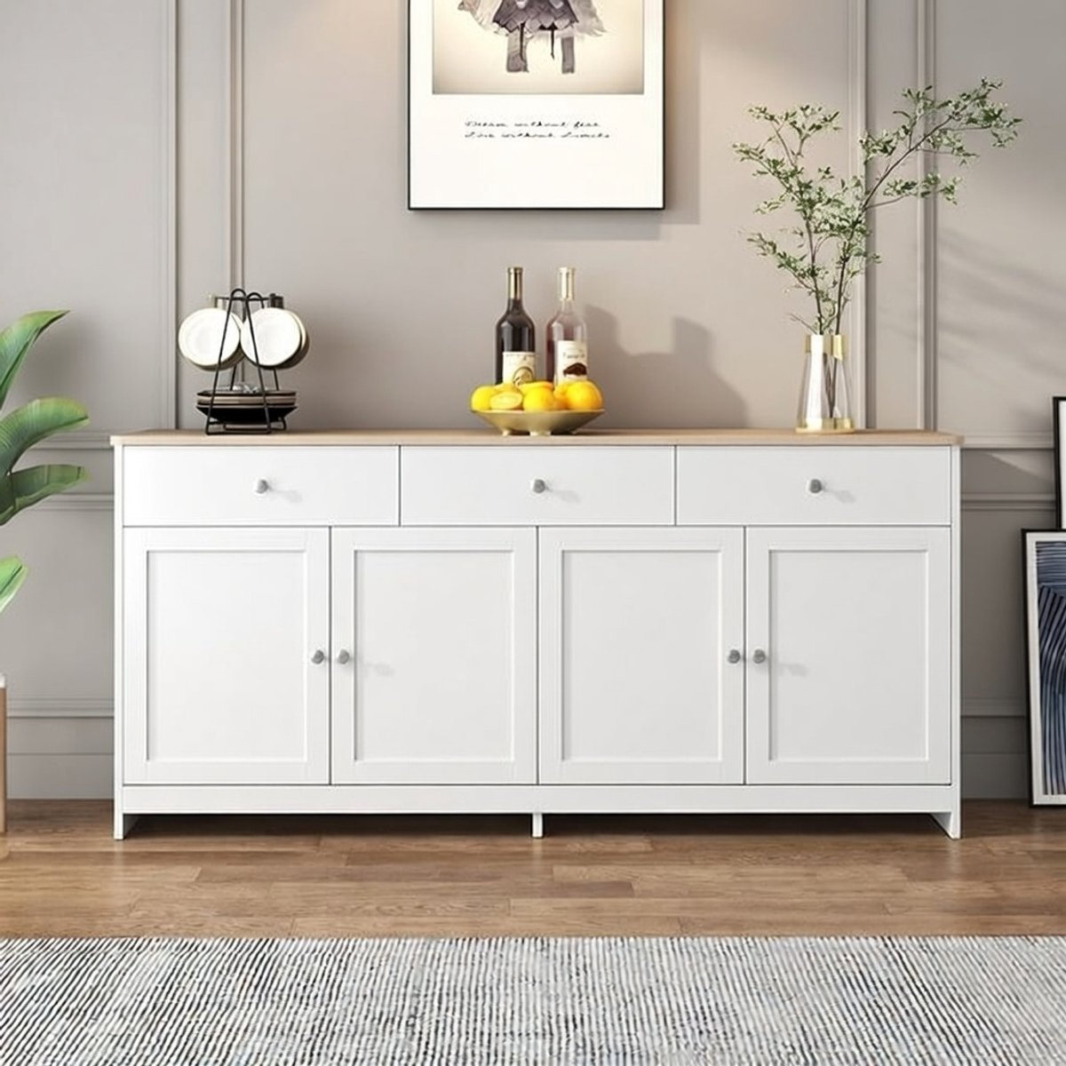 Elegant Opbergdressoir met 4 Deuren en 3 Lades – Moderne Buffetkast in Houtlook Wit voor Woonkamer, Eetkamer en Keuken – 160 x 37 x 75 cm Novihome