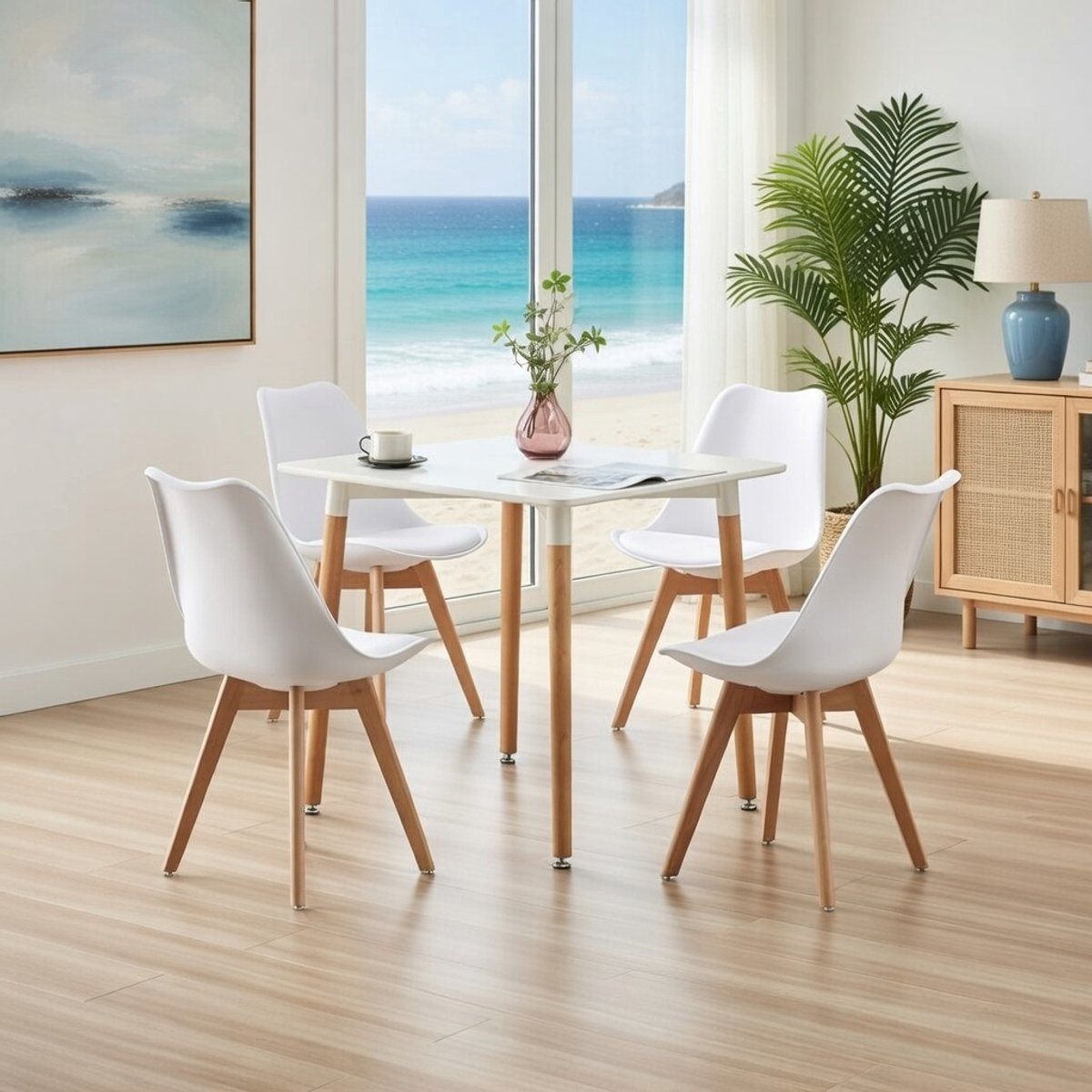 Comfortabele Eetkamerstoelen Oslo Deluxe – Set van 4, Massief Hout & Kunstleer, Wit – Novihome