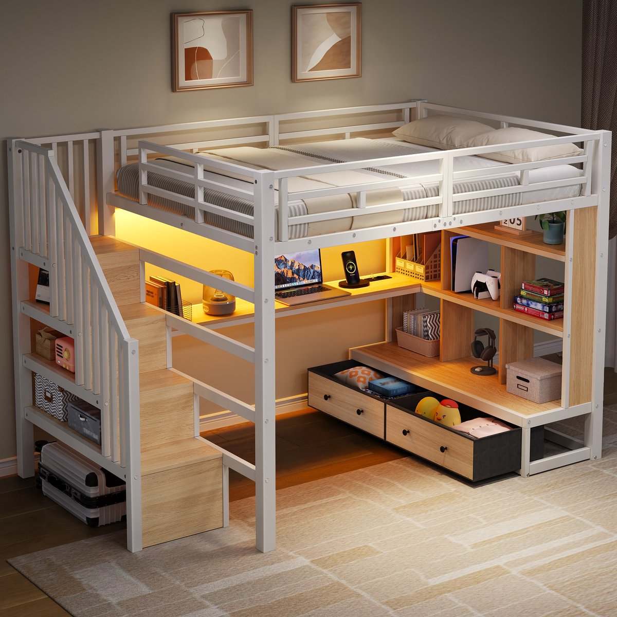 HAUSS SPOLE Metalen Hoogslaper 140x200cm - Met Bureau En Boekenkast, Twee Grote Lades En Trap Met Opbergruimte - Met Ledverlichting - Zonder Matras - MDF Metaal - Wit