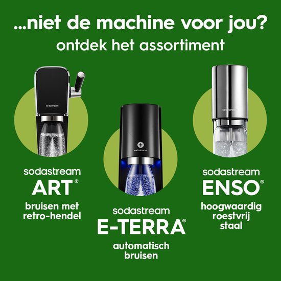 Drie Sodastream-apparaten: ART met retro-hendel, E-TERRA automatisch, en ENSO van roestvrij staal.