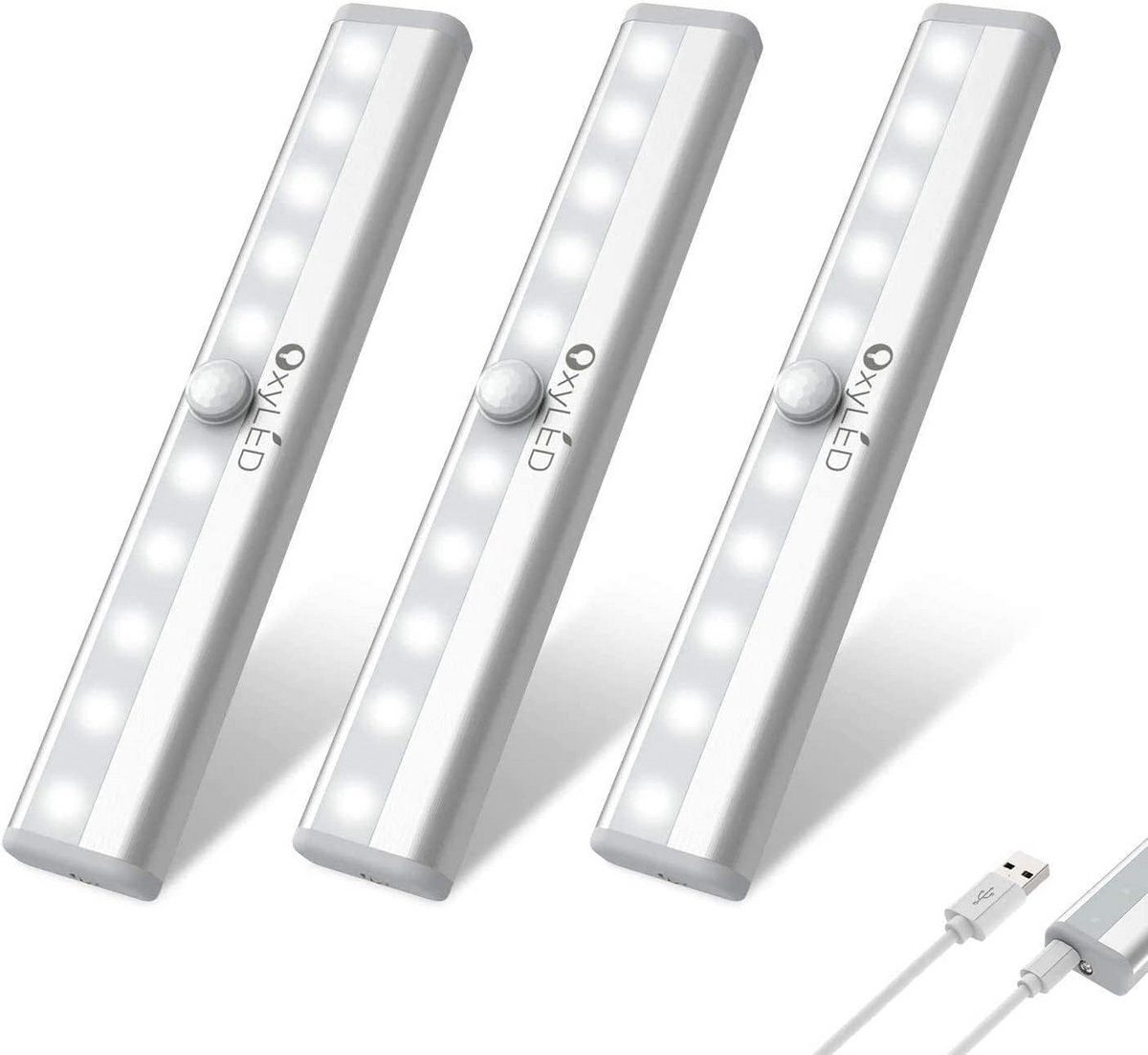 Draadloze Bewegingssensor Garderobeverlichting met 10 LED, USB Oplaadbaar, Magnetische Strips, 3 Stuks in Wit