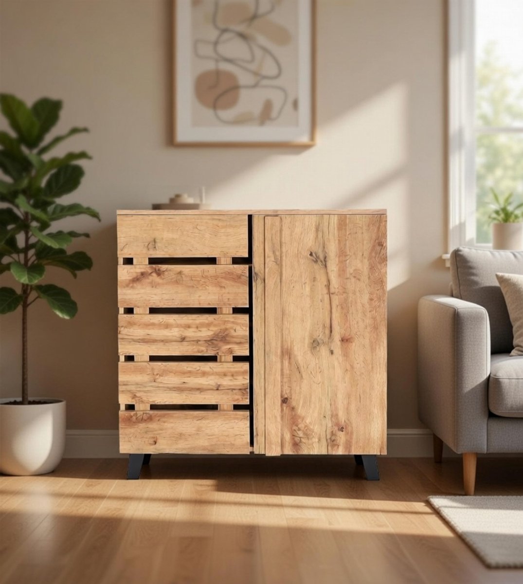ModernaWood Dressoir Kast met 2 Deuren en 4 Planken – 88x80x34 cm – Industrieel Pallet Design Opbergkast – Multifunctionele Commode voor Woonkamer, Hal of Slaapkamer – Natuurlijke Houtkleur – NoviHome