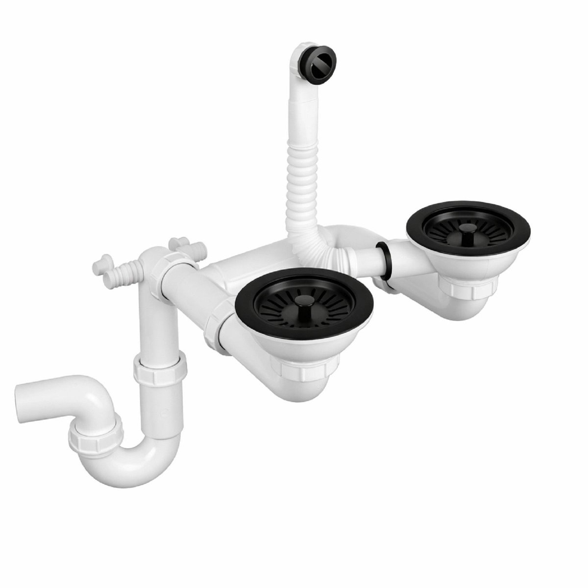 QLS Handmatige Sifon 3 1/2 inch afvoer voor dubbele spoelbak Zwart Roestvrij staal PVC 11439