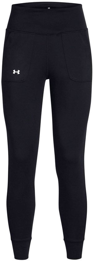 Zwarte Under Armour joggingbroek voor dames met witte logo op de linkerheup en steekzakken.
