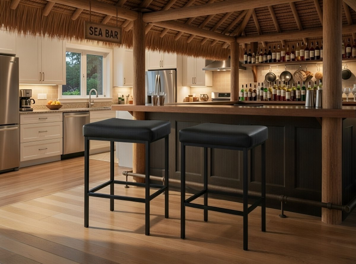 Moderne PU Lederen Barkrukken Set van 2 – 63 cm Zithoogte – Ergonomische Keuken- en Counterstoelen met Voetensteun – Zwart Metaal – Casa Serena – 63 cm – Casa Dorada