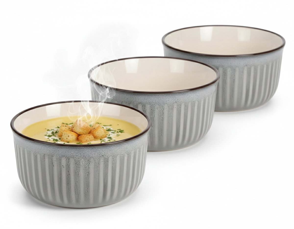 Siaki Soepkom Striped - 8x - lichtgrijs - 14 x 7 cm - keramiek - kommetjes/schaaltjes - 500 ml