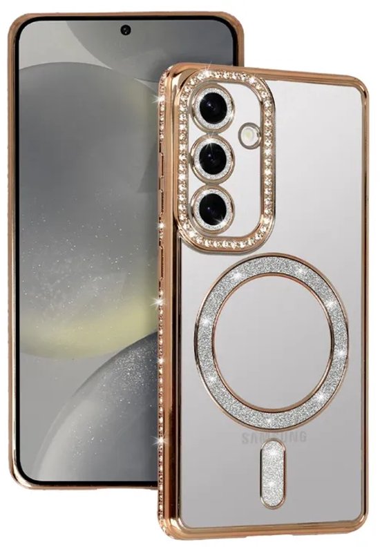 Coque de téléphone transparente avec bordure dorée, strass et aimant à côté d'un téléphone.