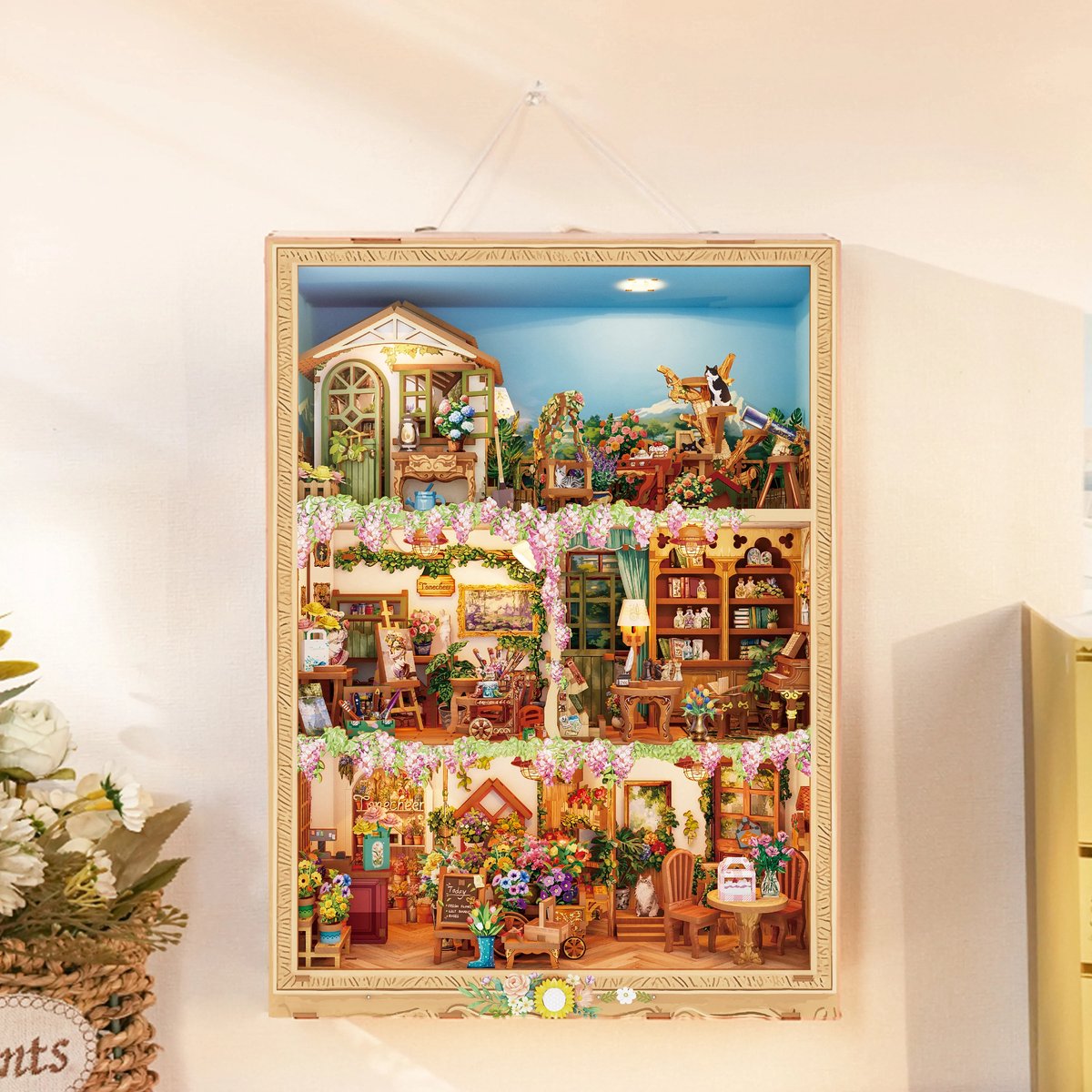 Tonecheer TQ455 Blossom Time Bouwpakket | Miniatuur huisjes pakket modelbouw voor volwassenen | Houten 3D Puzzel | Woonkamer decoratie schilderij | Bewegingssensor led lights verlichting | DIY katten poppenhuis display collectie — afbeelding 2