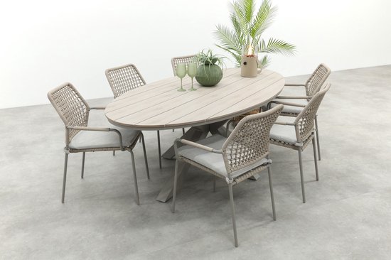 Ensemble de jardin ovale empilable GI Swifty/Edison pour 6 personnes 220x115 cm. - Taupe