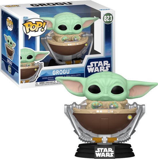 Doos en figuur van de Grogu Funko Pop! in zijn drijvende kinderwagen, met 'Star Wars'-logo.