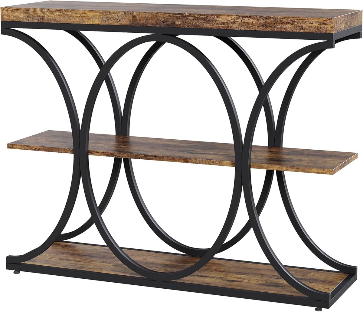 Smalle Sidetable met 3 Open Planken - Modern Design met Geometrische Metalen Poten - Bruin - Voor Gang, Woonkamer & Hal