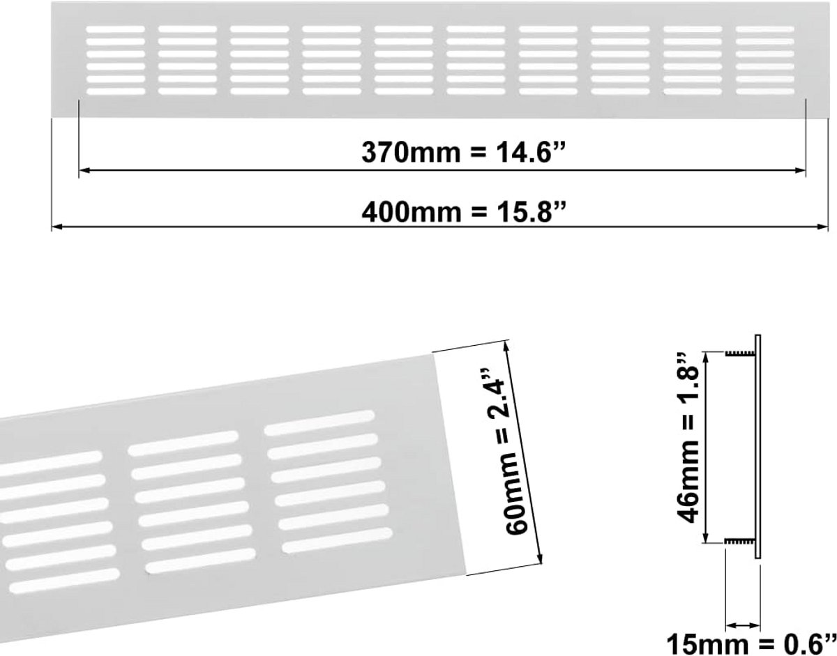 Ventilatie Rooster 60x400mm - Wit, Perfect voor Kasten en Radiatoren