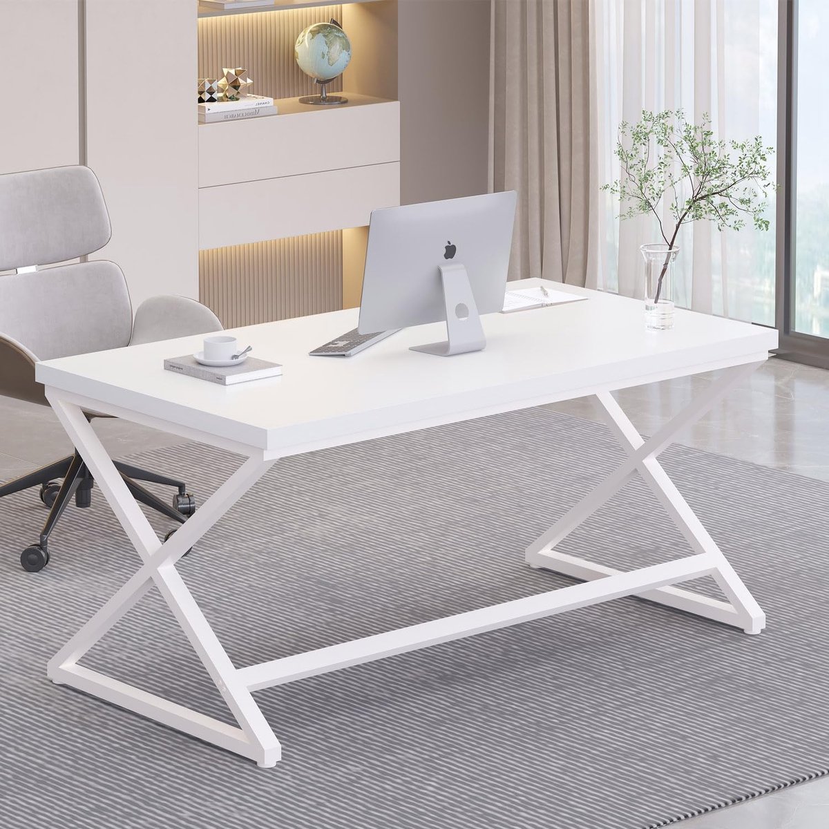 Computertafel 140 x 60 cm – Modern Wit Bureau voor Thuiswerkplek, Gaming en Studie – Houten Werkbureau met Metalen Frame, Ruim Werkblad en Minimalistisch Design – Abkantoor