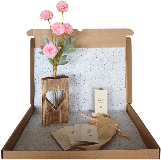 Brievenbus cadeau | Bloemenvaasje met kunstbloem & leuke kaartjes met houder