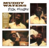 Muddy Waters Folk Singer albumhoes, vier portretten van Muddy Waters, met tekst en "DELUXE GATEFOLD EDITION 180 GRAM VINYL".