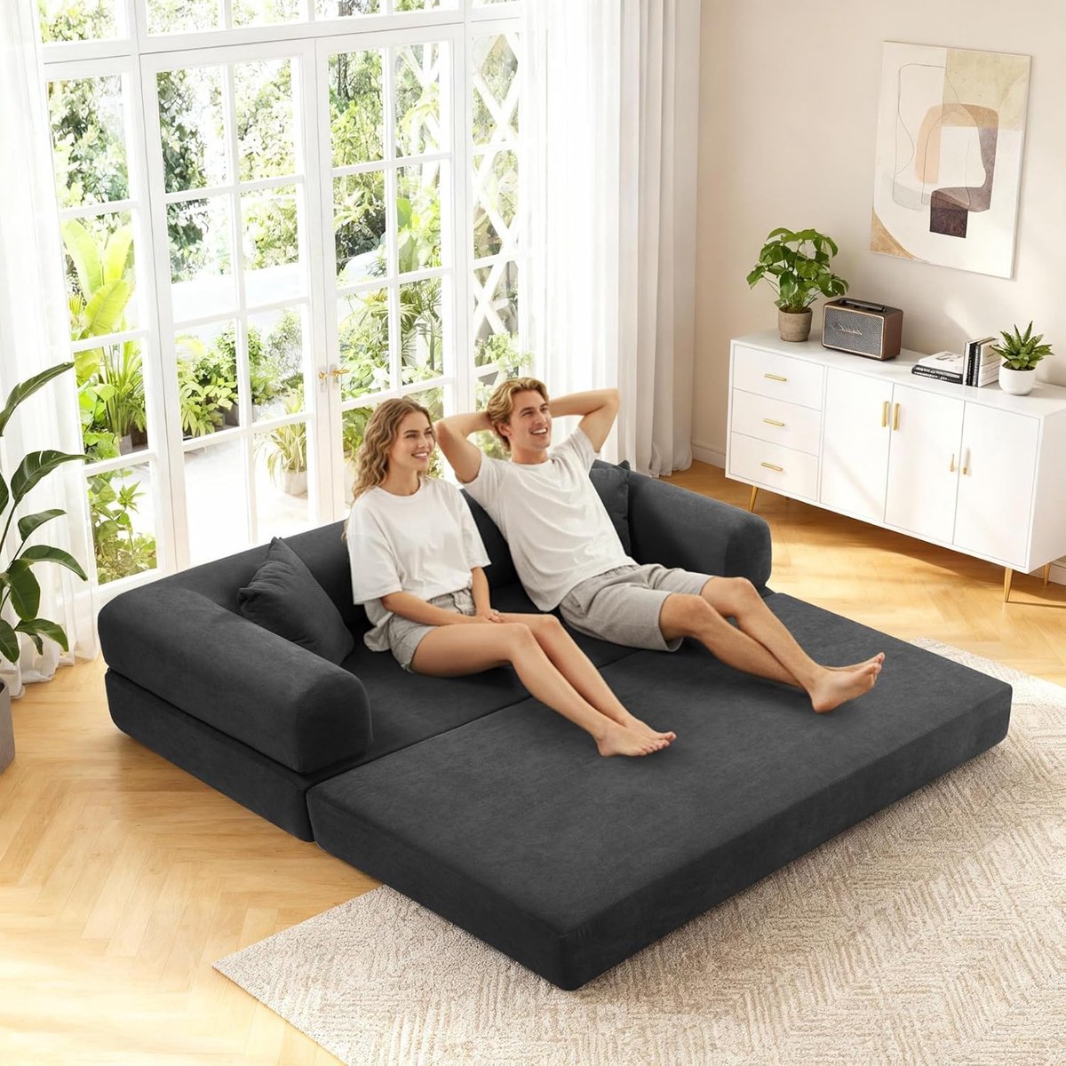 3-in-1 Slaapbank 210 x 75 x 60 cm – Modulaire Slaapbank Bedbank met Fluweel Bekleding – Inclusief Kussens & Opbergtas – Compact Bankbed voor Woonkamer, Logeerkamer – Donkergrijs – Laura