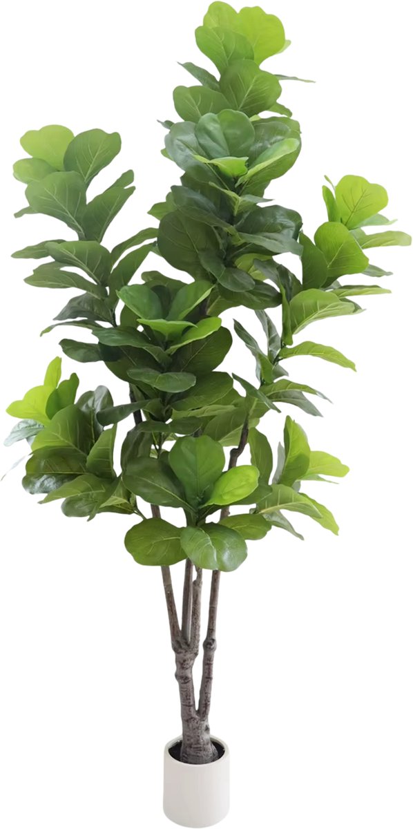 Happiq Kunstmatige Fiddle Leaf Vijgenboom - Voor Binnen & Thuiskantoor - Faux Ficus Lyrata - Met Witte Plantenbak - Groen-213 cm Green