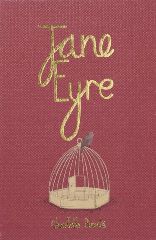 Livre "Jane Eyre" avec des lettres dorées sur une couverture rouge, avec un oiseau sur une cage.
