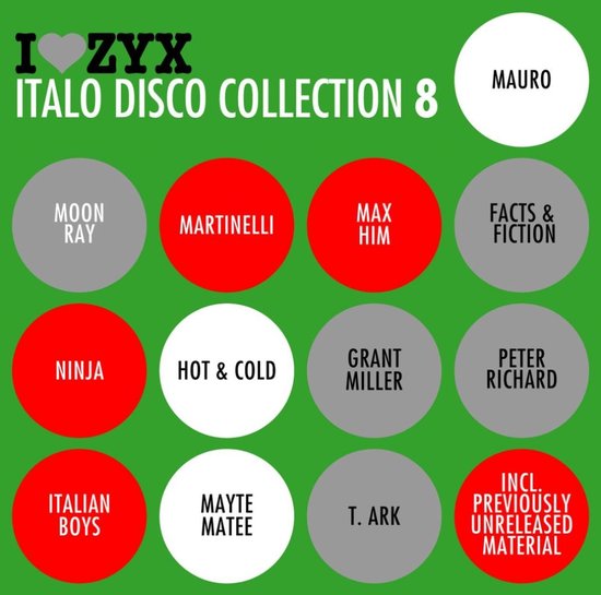 Albumhoes: ZYX Italo Disco Collection 8 met rode, witte en grijze cirkels met artiestennamen op een groene achtergrond.