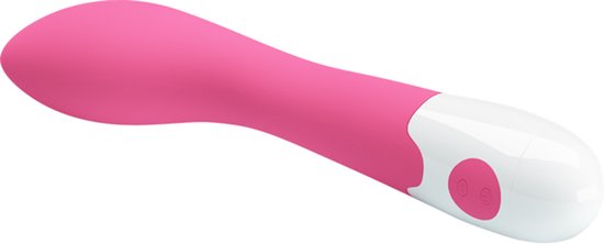 Vibrateur violet à pointe incurvée et manche blanc avec deux boutons roses.