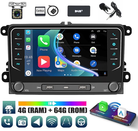 7 inch Android 15 autoradio VW Golf Passat Skoda Polo Bluetooth GPS Wifi DAB+ touchscreen 4GB+64GB camera