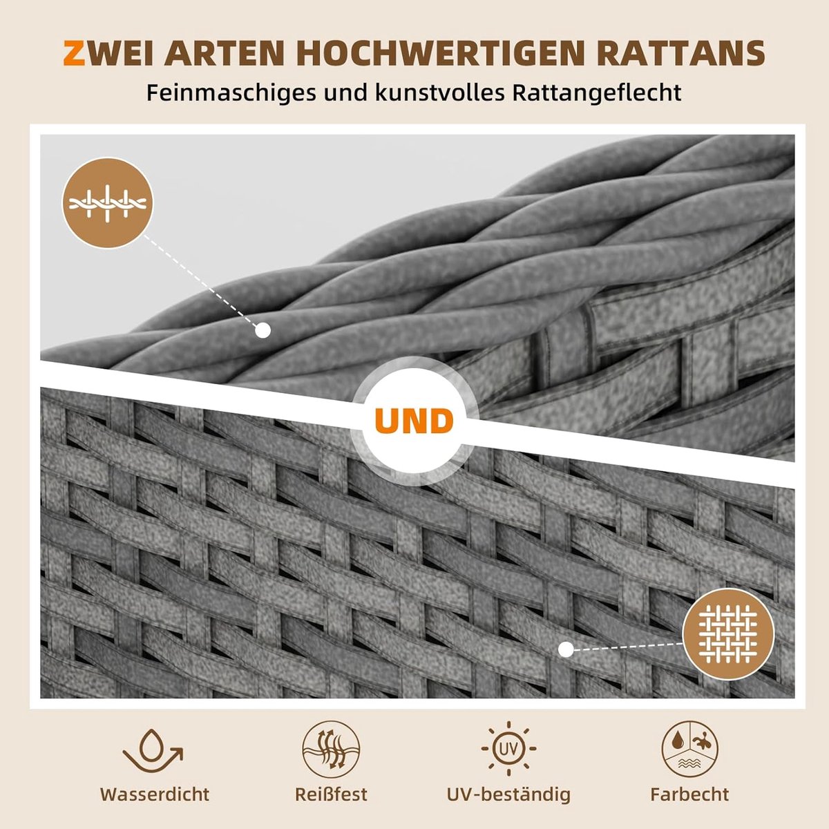 Tuinmeubelset Bellavero – Luxe 5-delige Outdoor Lounge Set voor Balkon en Terras – Verstelbare Stoel met Voetenbank, Salontafel met Glazen Blad – Weerbestendig PE-Rotan – Lichtgrijs, Modern Design – Compact voor Kleine Balkons