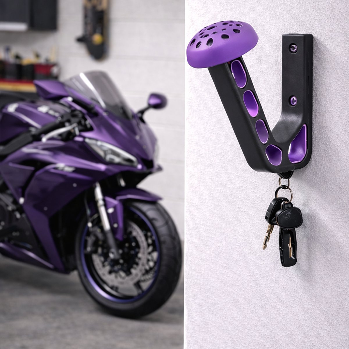 Motor helm houder inclusief haakje voor sleutels – Paars – helmhouder – helm kapstok - wandmontage