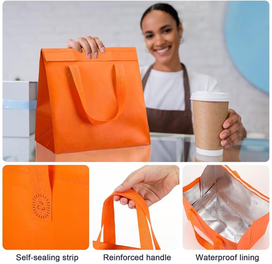 Koeltas - Draagtas - 10 stuks - Exclusief kamperen - Koningsdag - Vrijmarkt Supplies - 22x24x15cm - Herbruikbare Pizza Bezorgtas - Geïsoleerde Thermoskan voor Warme en Koude Maaltijden - OranjeKoeltas van Merkloos — afbeelding 2