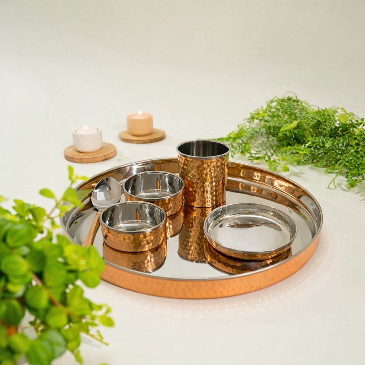 Puur koperen Thali eetgerei set met RVS binnenkant