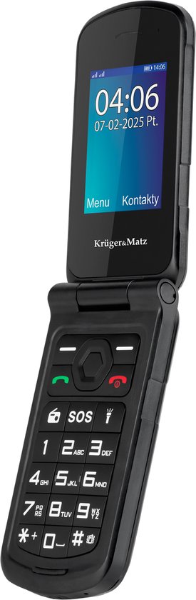 Zwarte klaptelefoon open met scherm en toetsenbord. Tijd 04:06.